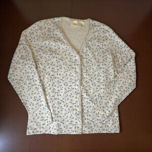 vintage L.L. Bean gray floral print cotton v neck top